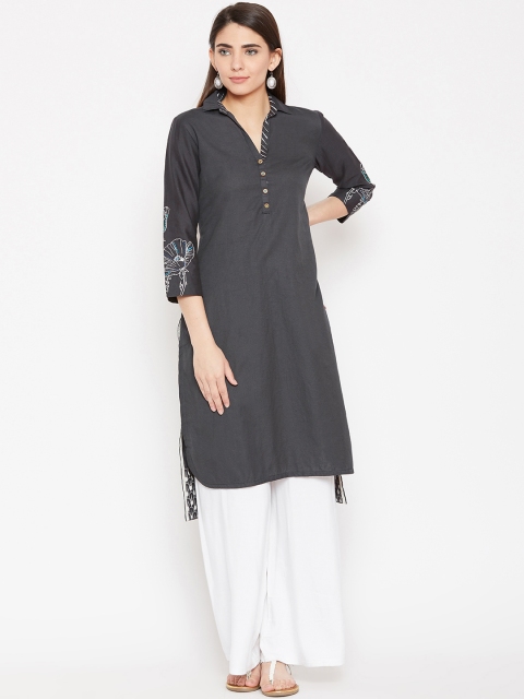 

Biba Women Charcoal Grey Solid Straight Kurta