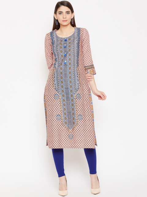 

Biba Women Peach-Coloured & Blue Printed Straight Kurta