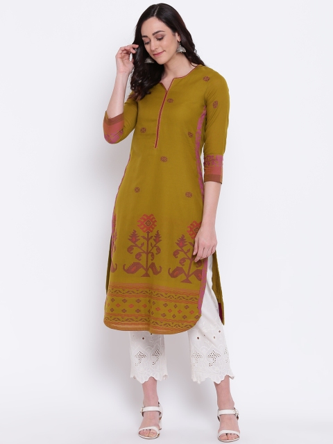 

Biba Women Olive Green & Pink Woven Design Straight Kurta