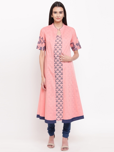 

Biba Women Coral Pink & Navy Blue Layered Printed A-Line Kurta