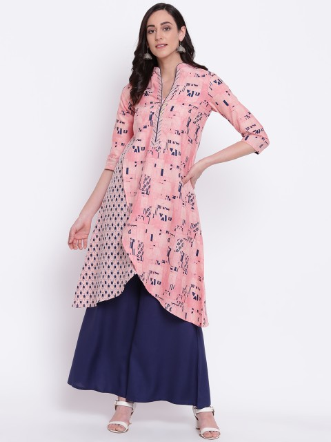 

Biba Women Pink & Navy Blue Printed Layered Asymmetric A-Line Kurta