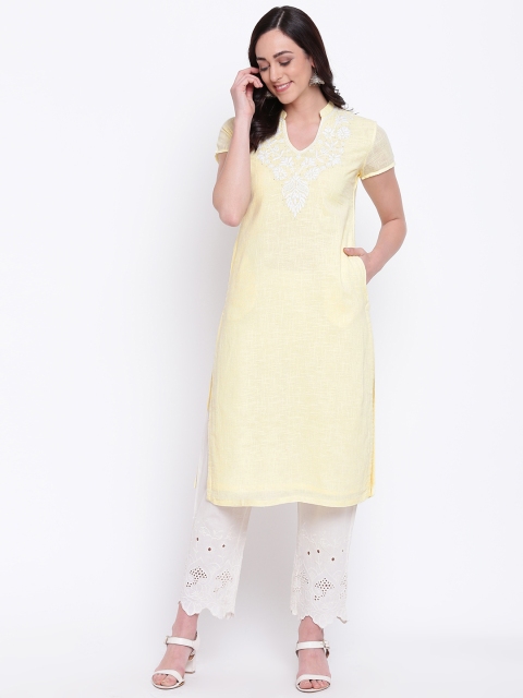 

Biba Women Yellow Yoke Design Straight Kurta