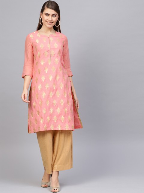 

Biba Women Pink & Golden Woven Design Straight Kurta
