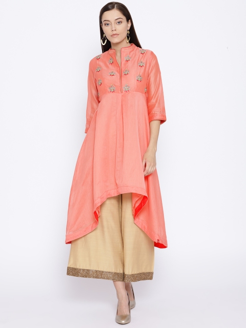 

Biba Women Peach-Coloured & Green Yoke Design A-Line Kurta