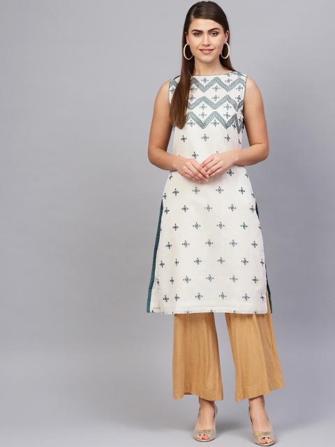

Biba Women Off-White & Teal Green Embroidered Straight Kurta
