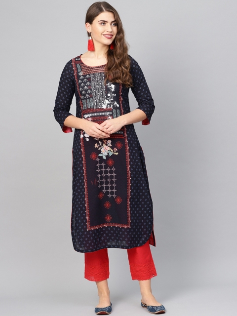 

Biba Women Navy Blue Printed Straight Kurta