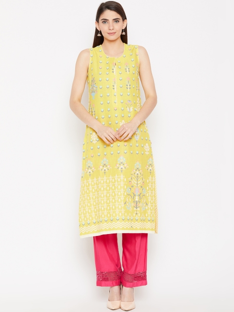 

Biba Women Yellow & Blue Printed Straight Kurta