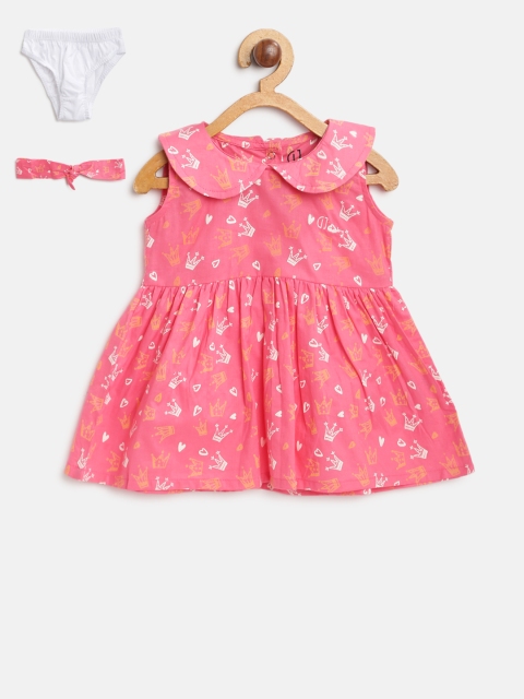 

Gini and Jony Girls Pink Printed Fit & Flare Dress with Hairband