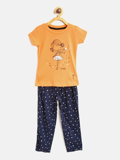 

Palm Tree Girls Orange & Navy Blue Printed T-shirt with Trousers