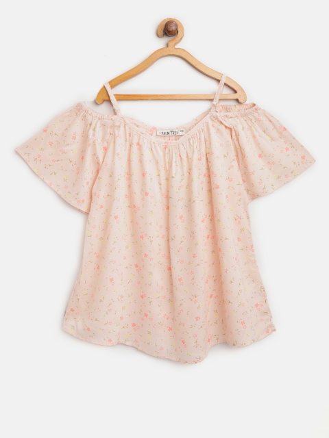 

Palm Tree Girls Peach-Coloured Printed Bardot Top