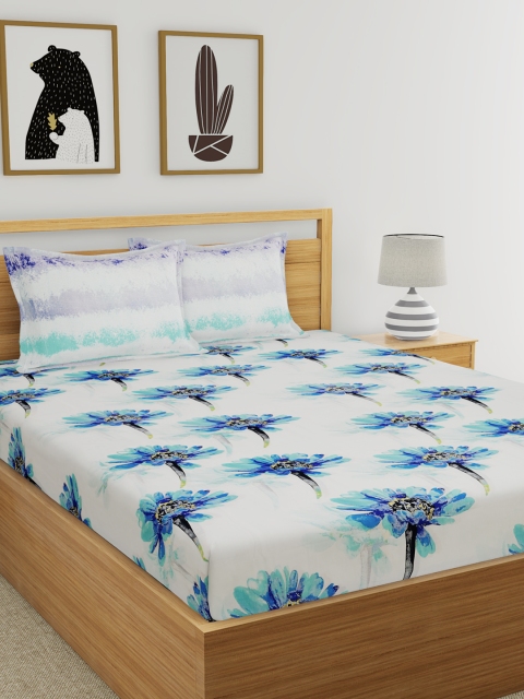 

EverHOME White & Blue Floral 144 TC Cotton 1 Queen Bedsheet with 2 Pillow Covers