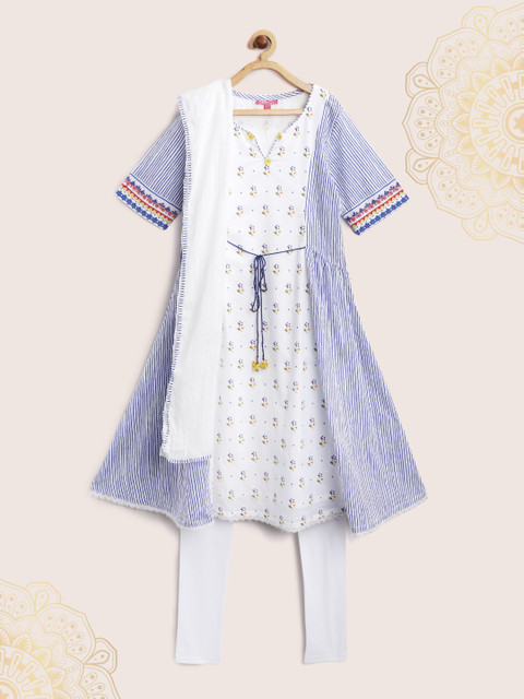 

Biba Girls White & Blue Printed Kurta with Churidar & Dupatta