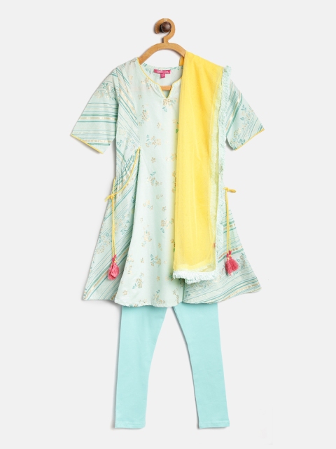 

Biba Girls Blue Printed Kurta with Churidar & Dupatta