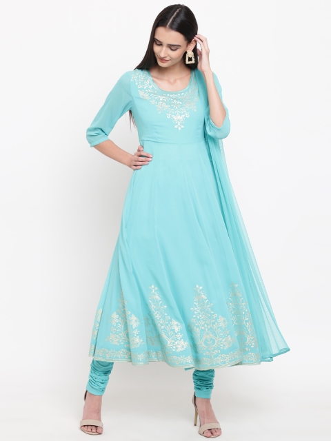 

Biba Women Sea Green Yoke Design Kurta with Churidar & Dupatta