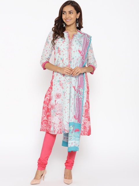 

Biba Women Blue & Pink Printed A-Line Kurta with Churidar & Dupatta