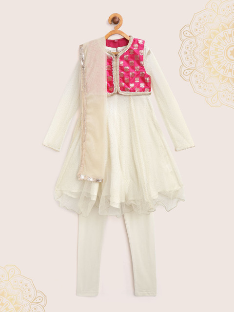 

Biba Girls Off-White & Pink Printed Kurta with Churidar, Dupatta & Ethnic Jacket