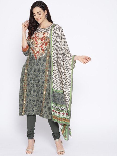 

Biba Women Olive Green & Off-White Printed Kurta with Churidar & Dupatta
