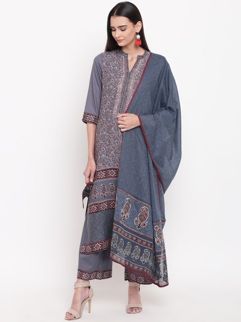 

Biba Women Grey & Maroon Printed Kurta with Palazzos & Dupatta