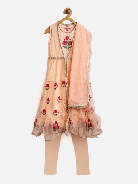 

Biba Girls Peach-Coloured Embroidered Kurta with Churidar & Dupatta