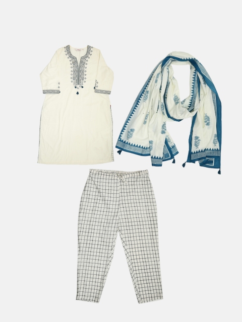 

Biba Women Off-White & Teal Blue Yoke Design Kurta with Trousers & Dupatta