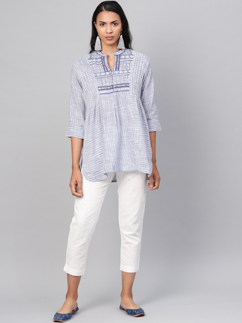 

Biba Women Blue & Off-White Striped Kurti with Trousers