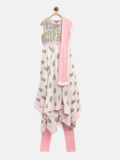 

Biba Girls White & Pink Printed Kurta with Churidar & Dupatta