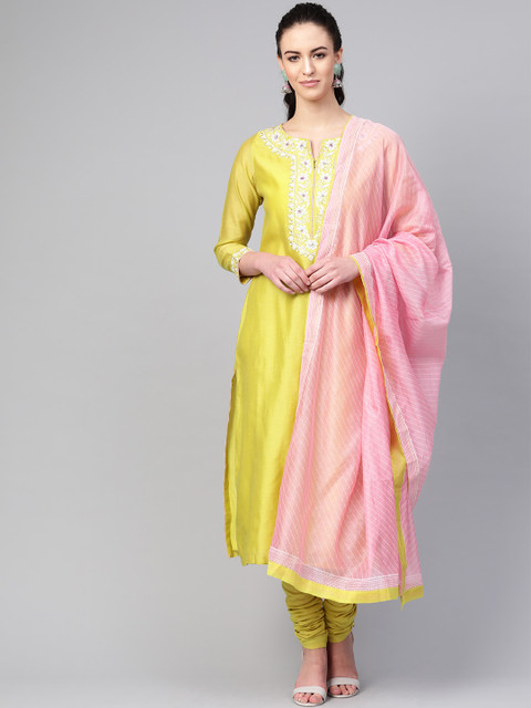 

Biba Women Lime Yellow Yoke Design Kurta with Churidar & Dupatta
