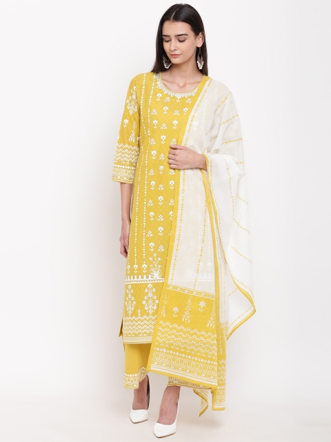 

Biba Women Mustard Yellow & White Printed Kurta with Palazzos & Dupatta