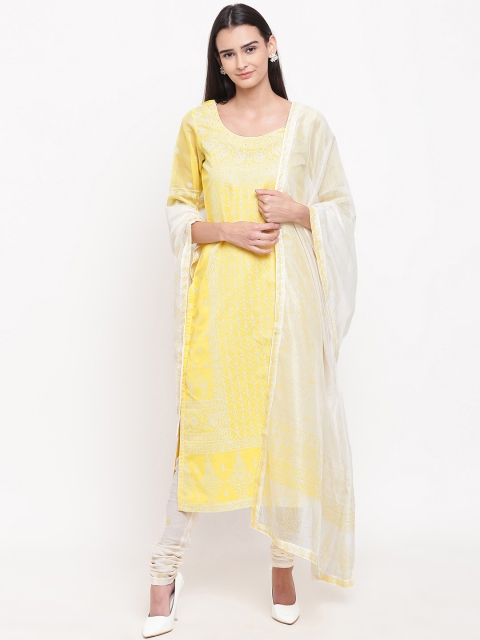 

Biba Women Yellow & Cream-Coloured Printed Kurta with Churidar & Dupatta