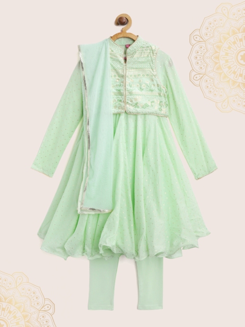 

Biba Girls Green Printed Kurta with Churidar, Dupatta & Ethnic Jacket
