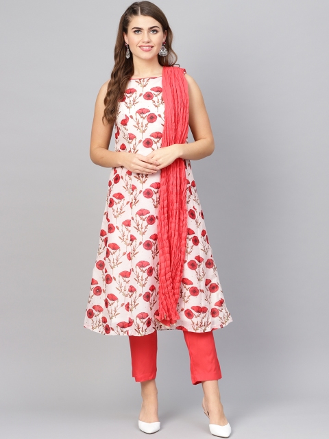 

Biba Women Off-White & Red Printed Kurta with Trousers & Dupatta