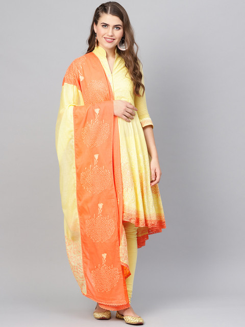 

Biba Women Yellow & Orange Embroidered Kurta with Churidar & Dupatta