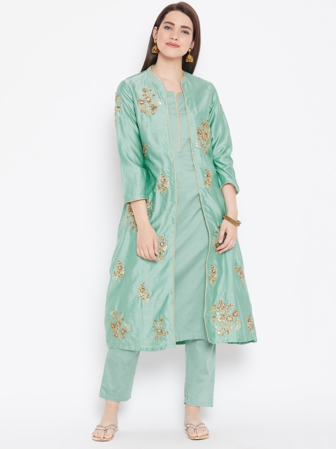 

Biba Women Sea Green Solid Kurta with with Trousers & Jacket