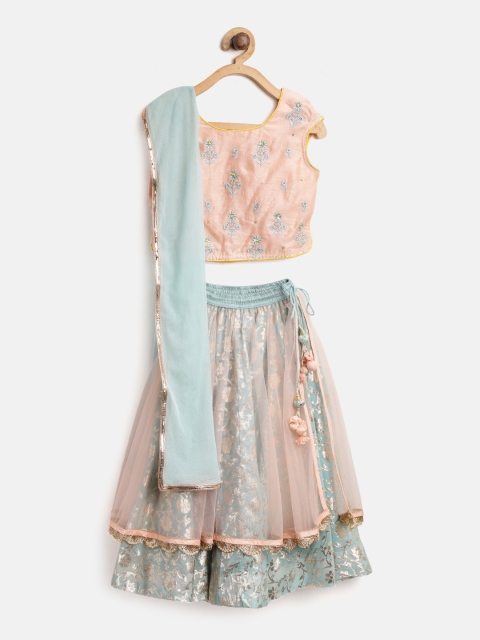 

Biba Girls Blue & Peach-Coloured Embroidered Lehenga & Choli with Dupatta