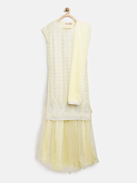 

Biba Girls Beige & Yellow Embroidered Kurta with Skirt & Dupatta, Green