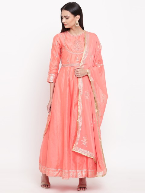 

Biba Women Peach-Coloured Kurta with Churidar & Dupatta