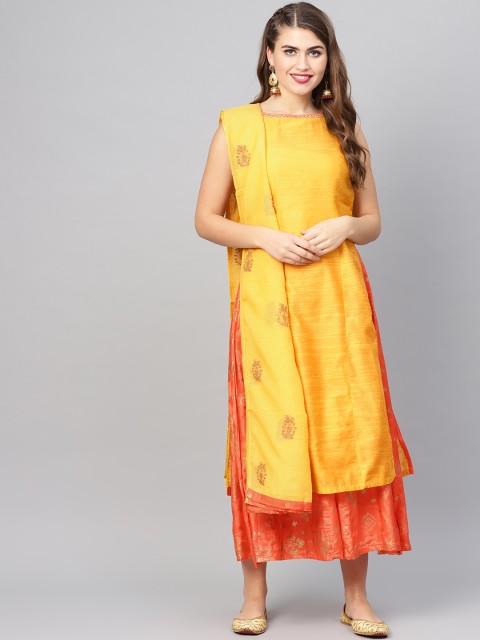 

Biba Women Mustard Yellow & Orange Solid Kurta with Palazzos & Dupatta