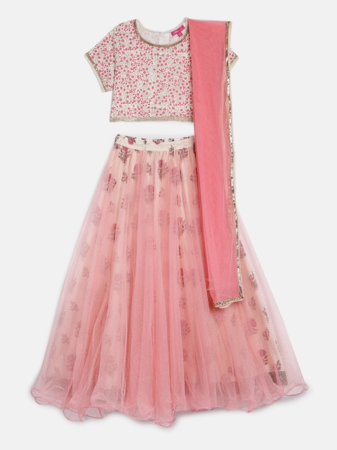 

Biba Girls Off-White & Pink Printed Lehenga & Blouse with Dupatta