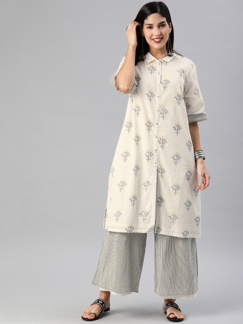 

Biba Women Off-White & Grey Printed Kurta with Palazzos