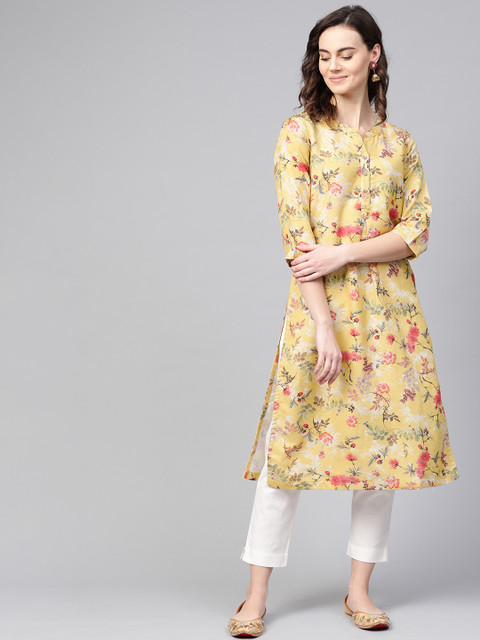 

Biba Women Yellow & Off-White Printed Kurta with Trousers