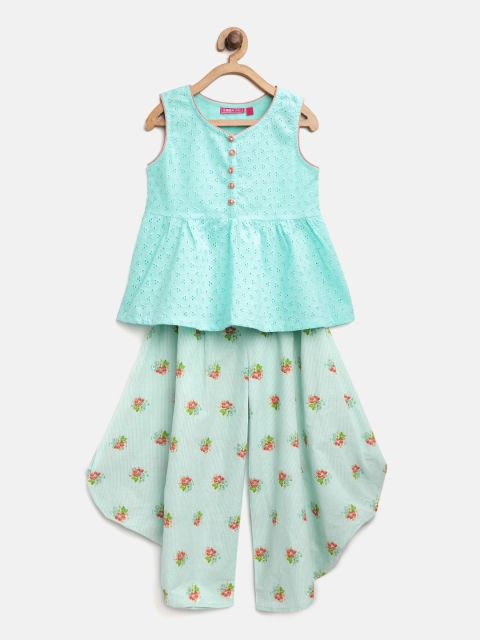 

Biba Girls Turquoise Blue & Sea Green Schiffli Embroidered Kurti with Dhoti Pants