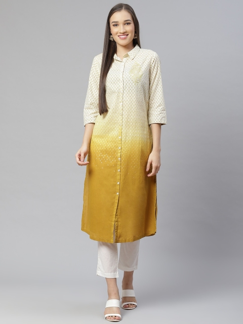 

Biba Women Pure Cotton Off-White & Green Geometric Printed Kurta with Trousers