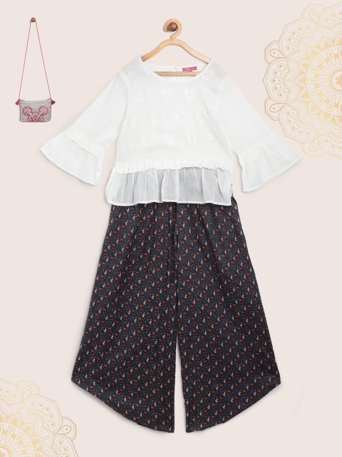 

Biba Girls White & Navy Blue Embroidered Kurti with Dhoti Pants & Sling Bag
