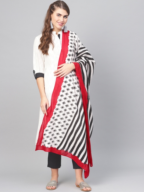 

Biba Women Off-White & Black Self Design Kurta with Trousers & Dupatta