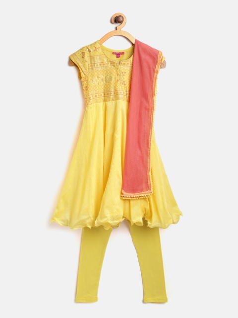 

Biba Girls Yellow Yoke Design Kurta with Churidar & Dupatta