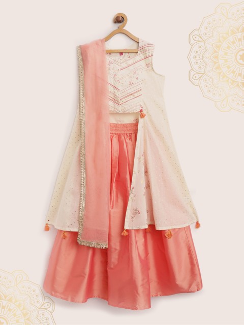 

Biba Girls Off-White & Peach-Coloured Printed Kurta with Skirt & Dupatta