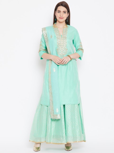 

Biba Women Sea Green & Golden Yoke Design Kurta with Palazzos & Dupatta