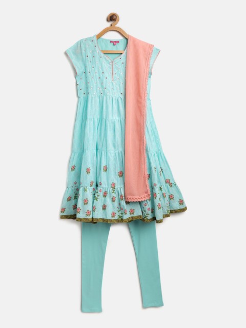 

Biba Girls Blue & Peach-Coloured Printed Kurta with Churidar & Dupatta