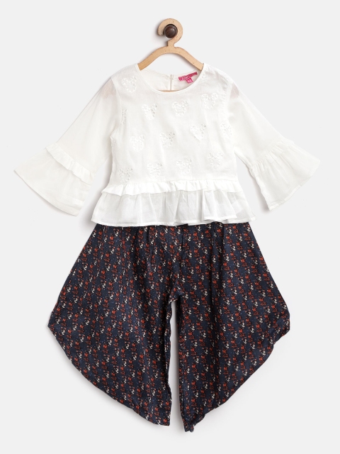 

Biba Girls White & Navy Blue Mickey Mouse Embroidered Top with Dhoti Pants