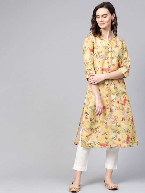 

Biba Women Yellow & White Printed Kurta with Trousers